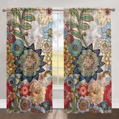 an open window curtain with colorful flowers and leaves on the outside, in front of a wooden floor