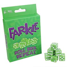 four green dices with white numbers are in front of a box that says farke