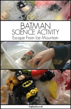 This fun Batman science experiment also helps with word and letter recognition. Not that your kids will notice though, they'll be too busy having fun! Ice Activities, Superhero Week, Batman Crafts, Super Hero Activities, Fun Activities For Preschoolers, Mountain Crafts, Ice Mountain, Babysitting Ideas, Superhero Crafts