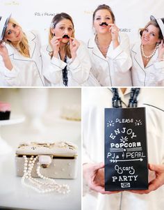 four photos of women dressed in white and holding black signs