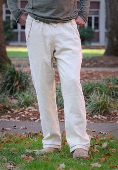 "A comfortable, relaxed fit pair of solid pants for men. With a drawstring closure, and a natural elastic waistband, this style fits a variety of body types, including women. They come equipped with six functional pockets, and are loved by many for their deep front pockets. A casual cut from our flowy 55% Hemp/45% Tencel. Garment washed S-XXL colors ~ natural, chestnut and olive green. Size chart~ Waist size: S- 28\"-30\" M- 31\"-34\" L- 35\"-37\" XL- 38\"-40\" XXL-41\"-43\" I have even numbered Tai Chi Clothing, Hemp Clothing, Pants For Men, Drawstring Pants, Short Pants, Mens Pants, Khaki Pants, Organic Cotton, Sweatpants