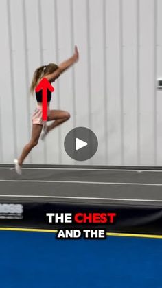 a woman running across a tennis court with the words, the chest and the finish line