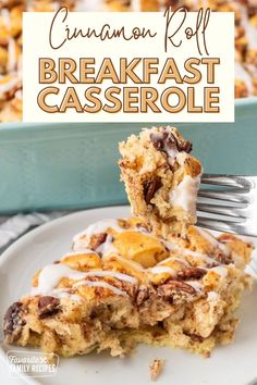 cinnamon roll breakfast casserole on a plate with a fork