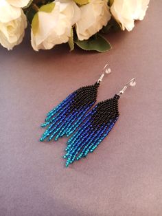 "These black blue fringed earrings pair amazingly with any outfit, dressy or casual. They are made of high-quality Czech colored beads with steel . Colors: black blue Length: 3 inches (7.7 cm) Width: 0.8 inches (2 cm) Materials: Czech \"Preciosa\" beads Durable synthetic thread" Northern Light Beaded Earrings, Blue Seed Bead Earrings, Short Beaded Earrings, Beaded Earrings Black, Short Earrings, Seed Bead Jewelry Patterns, Outfit Elegant, Boho Earring, Beaded Jewlery