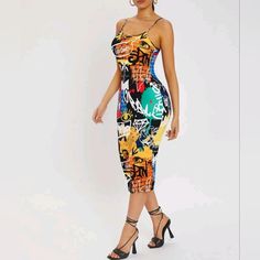 Graffiti Print Dress Casual Party Midi Dress With Vibrant Print, Casual Midi Dress With Vibrant Print For Party, Casual Multicolor Print Midi Dress For Party, Casual Multicolor Midi Dress For Night Out, Yellow Abstract Print Summer Dress, Summer Multicolor Graphic Print Bodycon Dress, Summer Party Midi Dress With Graphic Print, Yellow Casual Bodycon Dress For Party, Casual Yellow Bodycon Dress For Party