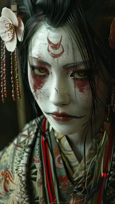 #japan #horrorart #ai #aiart #portrait #spooky Asian Witch Aesthetic, Japan Horror Art, Japanese Horror Wallpaper, Oni Makeup, Japanese Concept Art, Asian Ghost, Oni Aesthetic, Chinese Horror, Horror Portrait