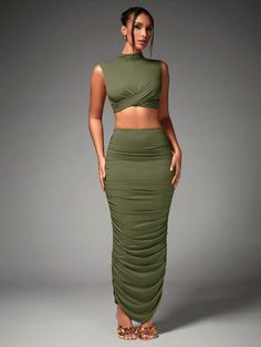 Women's High Collar Puffed Sleeve Crop Top With Ruffle Detail And Skirt Two-Piece Set For New Year's Eve Party Army Green Elegant    Plain  Medium Stretch  Women Clothing, size features are:Bust: ,Length: ,Sleeve Length: Solid Two-piece Party Dresses, Two-piece Skirt Set For Spring Party, High Waist Ruched Skirt For Party, Spring Party Ruched Skirt, High Waist Party Skirt, New Year Eve Party, Puff Sleeve Crop Top, Skirt And Top Set, Full Length Skirts