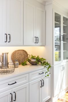 a kitchen with white cabinets and plants on the counter