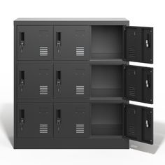 an empty metal locker with four doors and two shelves on each side, in front of a white background