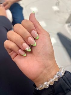 Green Tips Nails Almond, Green French Tip Nails With Heart, Mint Green Almond Nails With Design, Sea Green French Tip Nails, Almond Nails Light Green, Green Nail French Tip, Green Hearts Nails, Green Almond Nails French Tip, Nails Green Heart