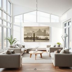 a living room filled with furniture and large windows