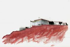 a drawing of a house sitting on top of a red hill next to a white building