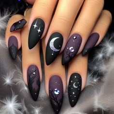 Dark Witchy Nails, Witch Aesthetic Nails, Pagan Nails, Witchy Nail Ideas, Witchy Nails Almond, Wiccan Nails, Nail Art Goth, Nails Square Halloween, Square Halloween Nails