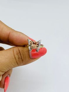 10k solid gold ring Butterfly ❤️ yellow white and rose gold with white cubic zirconia ❤️ Size 8 ❤️ women's ring ❤️ New Jewelry ❤️ includes a small box Check out my other jewelry ❤️ Anillo de Mariposa de 10 Kilates oro sólido ❤️ Tamaño 8 ❤️ Joyeria Nueva ❤️ tres oros Stock #51758 Rose Gold Cubic Zirconia Butterfly Ring For Anniversary, Anniversary Rose Gold Butterfly Ring With Cubic Zirconia, Diamond Butterfly Ring In Yellow Gold, Rose Gold Diamond Butterfly Ring For Anniversary, Anniversary Rose Gold Diamond Butterfly Ring, Butterfly Ring With Diamond Accents In Cubic Zirconia, Gold Butterfly Ring With Diamond Accents, Gold Butterfly Ring With Diamond Accents For Formal Occasions, Yellow Gold Butterfly Ring With Diamond Accents As Gift