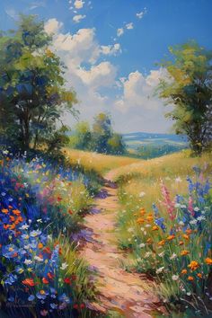 an oil painting of a dirt road surrounded by wildflowers