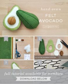 the instructions for making felt avocado are shown in several different stages and sizes