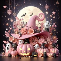 an artistic halloween scene with pumpkins, flowers and witches in front of a full moon