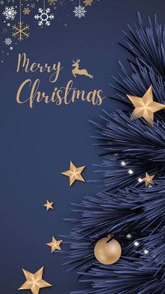 a blue christmas card with gold stars on it