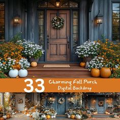 the front porch is decorated with pumpkins and flowers