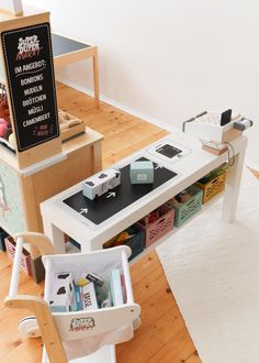 a white table topped with lots of different types of crafting supplies on top of a wooden floor