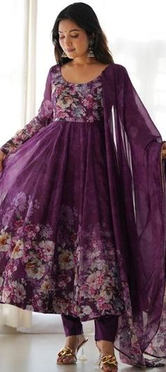 Purple and Violet color Salwar Kameez in Organza Silk fabric with Floral, Printed work Semi-stitched Purple Anarkali Unstitched Suit, Elegant Multicolor Georgette Anarkali Set, Elegant Semi-stitched Anarkali Set With Floral Print, Elegant Floral Anarkali Set For Wedding, Elegant Semi-stitched Floral Print Anarkali Set, Elegant Floral Print Anarkali Set For Wedding, Purple Floor-length Churidar With Resham Embroidery, Purple Resham Embroidery Floor-length Churidar, Purple Resham Embroidered Floor-length Churidar