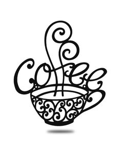 a black and white drawing of a coffee cup with the word coffee in cursive writing