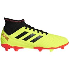 the adidas soccer shoe is yellow and black with red detailing on the soles