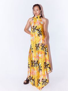 Yellow Dahlia Halter Dress DRESSES IKKIVI Satin Maxi Dress With Floral Print For Garden Party, Summer Floral Print Satin Maxi Dress, Satin Maxi Dress With Floral Print, Summer Satin Dresses With Floral Print, Silk Maxi Dress With Abstract Print For Party, Silk Dress For Summer Garden Party, Sleeveless Satin Printed Dress, Summer Silk Dress For Garden Party, Silk Digital Print Party Dresses