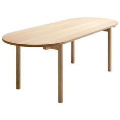 an oval wooden table with two legs and a curved top, viewed from the front