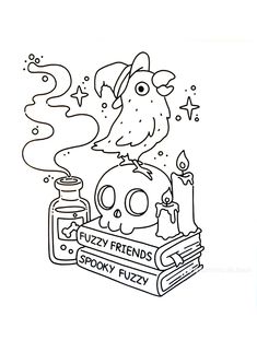 a black and white drawing of a bird sitting on top of a book with a candle