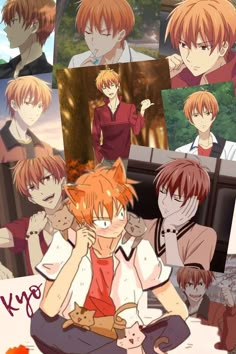 an anime character with many different expressions on his face and chest, sitting in front of other characters