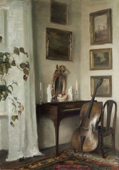 a painting of a room with a violin on the table