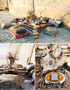 the table is set up with plates and place settings for an outdoor dinner on the beach