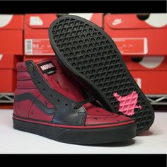 Vans X Marvel Deadpool Red Black Sk8-Hi Brand New In Box Vans Leather Sneakers With Red Sole, Deadpool Shoes, Vans Shoes Women, Pay Check, Skull Shoes, Men Footwear, Chill Room, Red Vans, Vans Red