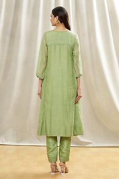 Shop for Oshi By Shikha Green Cotton Chanderi Round Neck Anarkali And Pant Set for Women Online at Aza Fashions Chanderi Long Sleeve Kurta With Yoke, Cotton Silk Straight Kurta With Yoke, Festive Cotton Silk Kurta With Yoke Detail, Festive Cotton Silk Kurta With Yoke, Pista Green Anarkali Set With Straight Kurta, Pista Green Fitted Straight Kurta Anarkali Set, Pista Green Fitted Anarkali Set With Straight Kurta, Fitted Pista Green Anarkali Set With Straight Kurta, Designer Chanderi Kurta With Yoke Detail