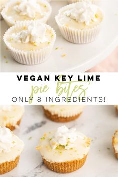 vegan key lime pie bites on a white plate with the title overlay above it