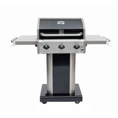 an outdoor grill with two burners on the top and one side open to show it's cooking area