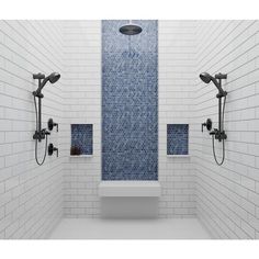 a bathroom with blue and white tiles on the walls, shower head, and hand held shower heads