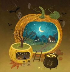 an illustration of a pumpkin and other items in front of a window with the night sky