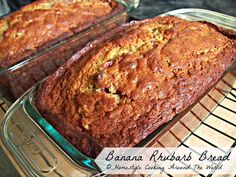 two loafs of banana rhubarb bread cooling on a rack in the oven