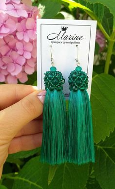 "Beautiful green tassel dangles earrings made of silk threads, rhinestone crystals and beads. For wedding, bridal shower party or prom party  Also you can order any other colour.    Size 10 cm (3.93\") or 12 cm (4.7\") Choose your favorite color and size  from drop-down menu ! Processing time - 1-2 days" Rhinestone Tassel Earrings, Green Dangle Earrings, Silk Thread Earrings, Emerald Crystal, Thread Earrings, Beads Earrings, Authentic Jewelry, Button Earrings, Earrings Green