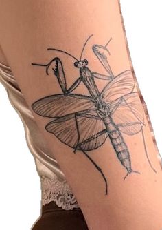 a close up of a person's leg with a dragonfly tattoo on it