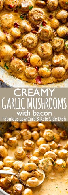 creamy garlic mushrooms with bacon in a skillet and on a plate, ready to be eaten