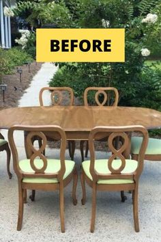 a dining room table and chairs with the words before on it in front of some bushes