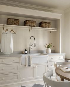 the kitchen is clean and ready to be used for cooking or baking, with white cabinets