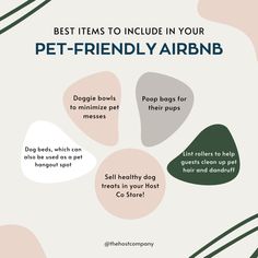 Do you allow pets in your Airbnb? Doggie bowls, poop bags, lint rollers, healthy dog treats, and puppy pads. Click here to learn more about what you should include in your Airbnb to give your guests a comfortable stay. Airbnb Templates, Bnb Ideas, Airbnb Apartment, Vrbo Host, Hosting Tips, Airbnb House