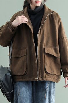 2021 Winter New Casual Jacket Retro Simple Big Pocket Top Material: Linen Collar: Hooded Pattern: Solid color Highlight: Zipper Season: Spring. Autumn .Winter Pocket Top, Colored Highlights, Casual Jacket, Military Jacket, Leather Jacket, Solid Color