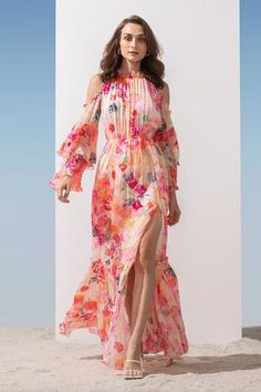 Shop for Mandira Wirk Pink Chiffon Floral Print Side Slit Dress for Women Online at Aza Fashions Floral Dress For Pool Party, Printed Georgette Summer Dress, Pool Party Dresses For Women, Umbrella Sleeves, Mandira Wirk, Mom Inspo, Party Dress Patterns, Pool Party Dresses, Pool Dress