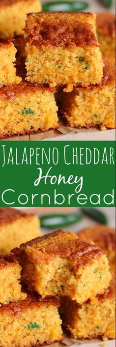 several pieces of cornbread sitting on top of a white plate with green lettering that says jalapeno cheddar honey