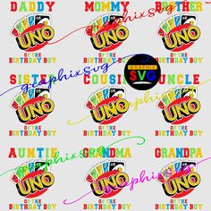 an image of birthdays with the name uno on it and other words in different colors